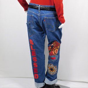 Upcycled Denim Boyfriend Blessed Patchwork Jeans 14 (121425)